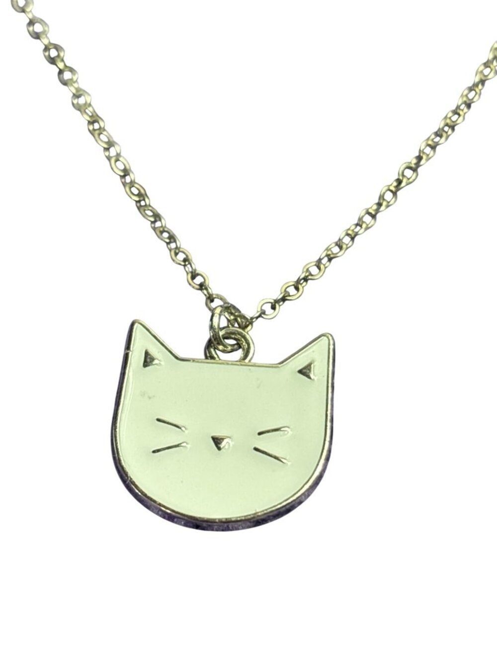 White Enamel Kitty Cat Pendant Necklace Silvertone Chain 16 - 18 inches Long